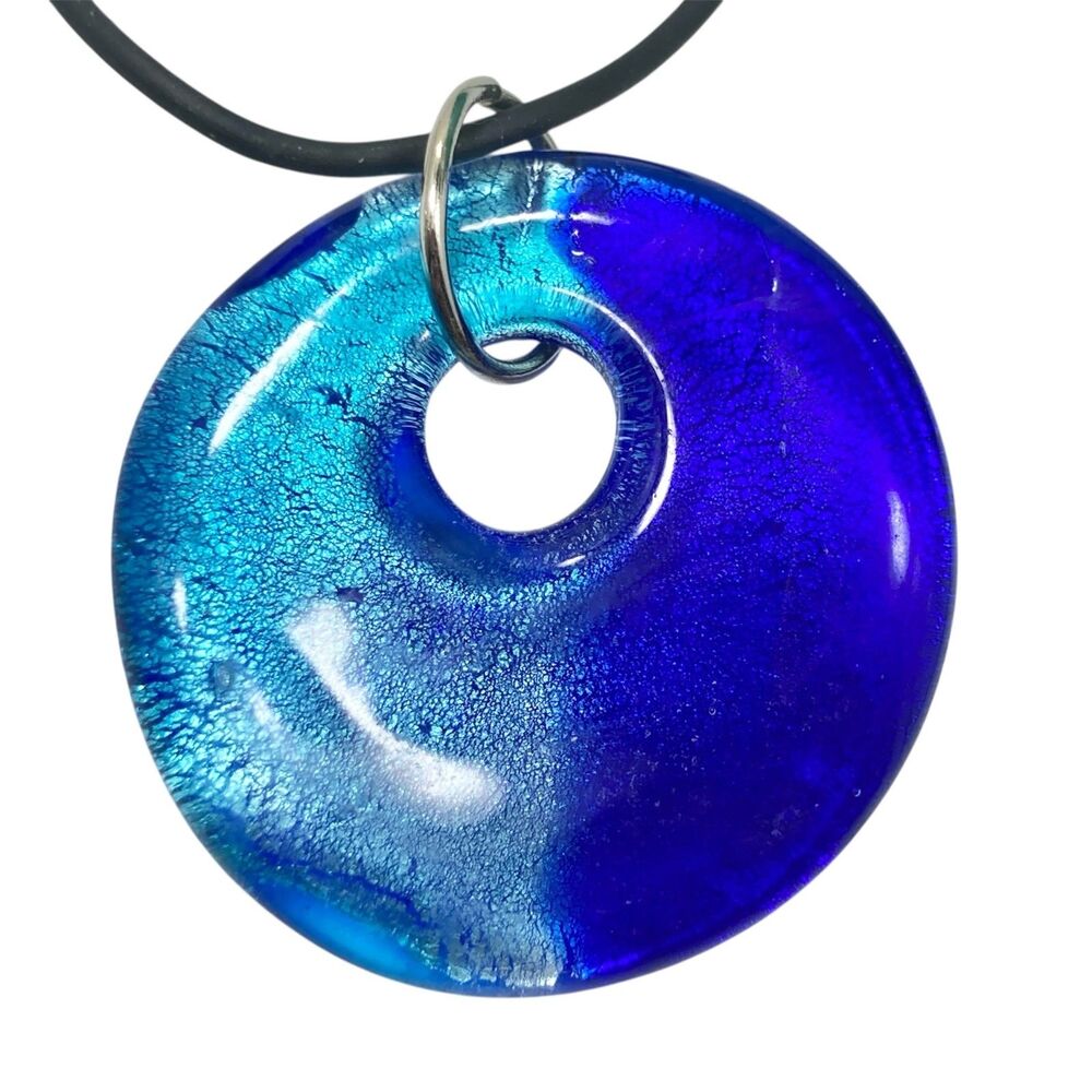 Vtg Murano Style Art Glass Pendant Necklace Black Cord 22" Sapphire Aqua Blue